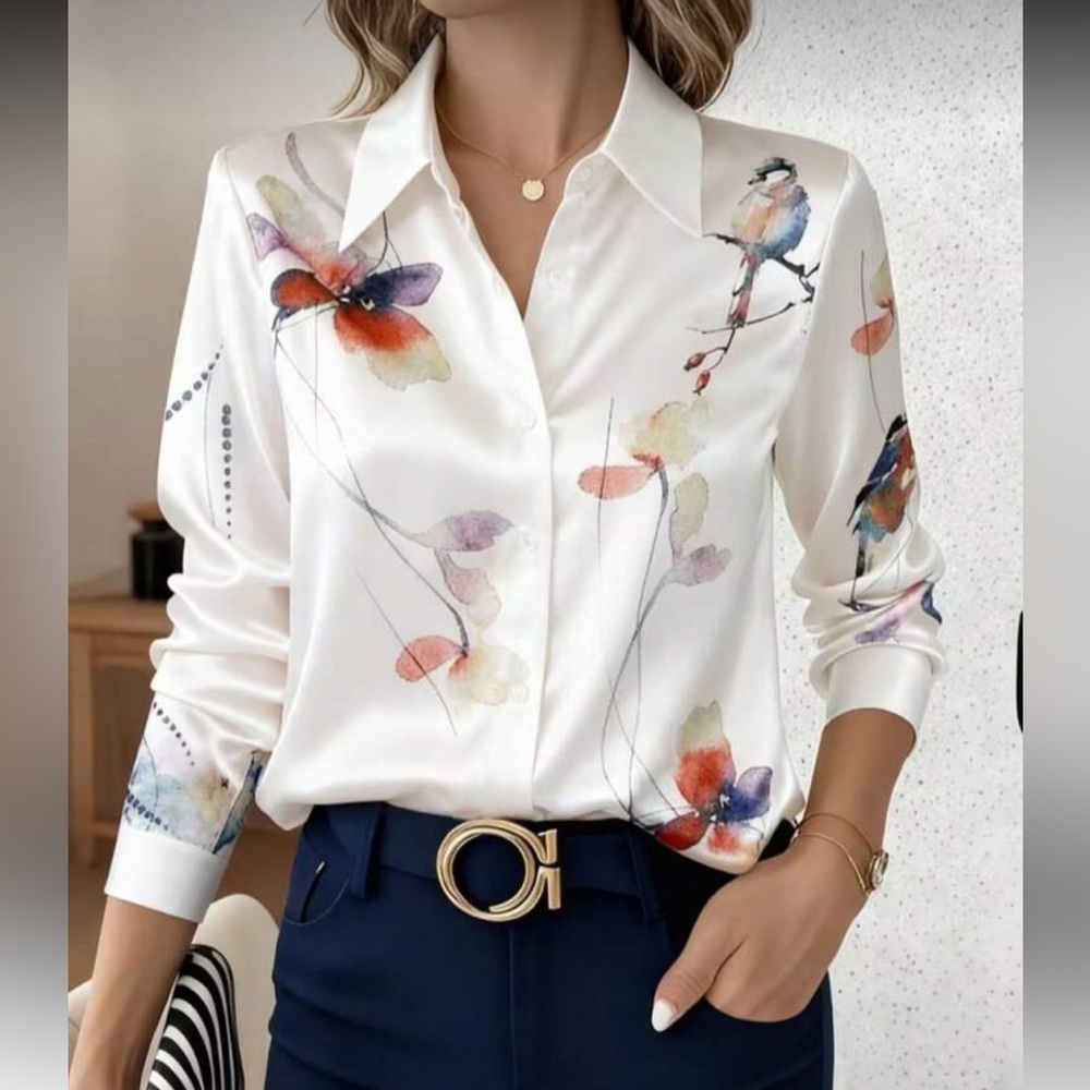 Classic White Floral Bird Watercolor Button Down Up Shirt Top Blouse